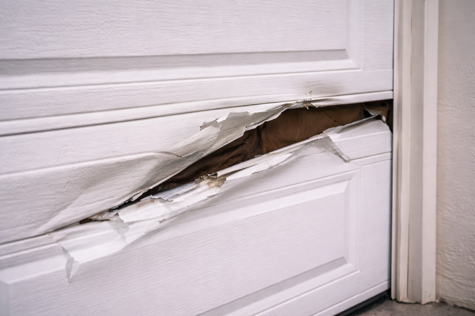 Damaged white garage door with a large broken crack near the bottom panel