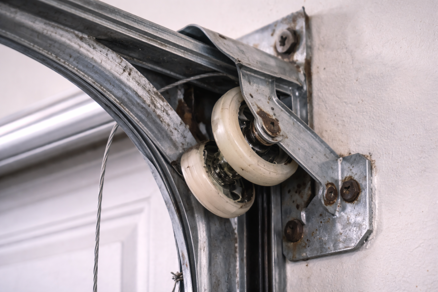 Close-up of a garage door roller on a metal track mounted to a wall