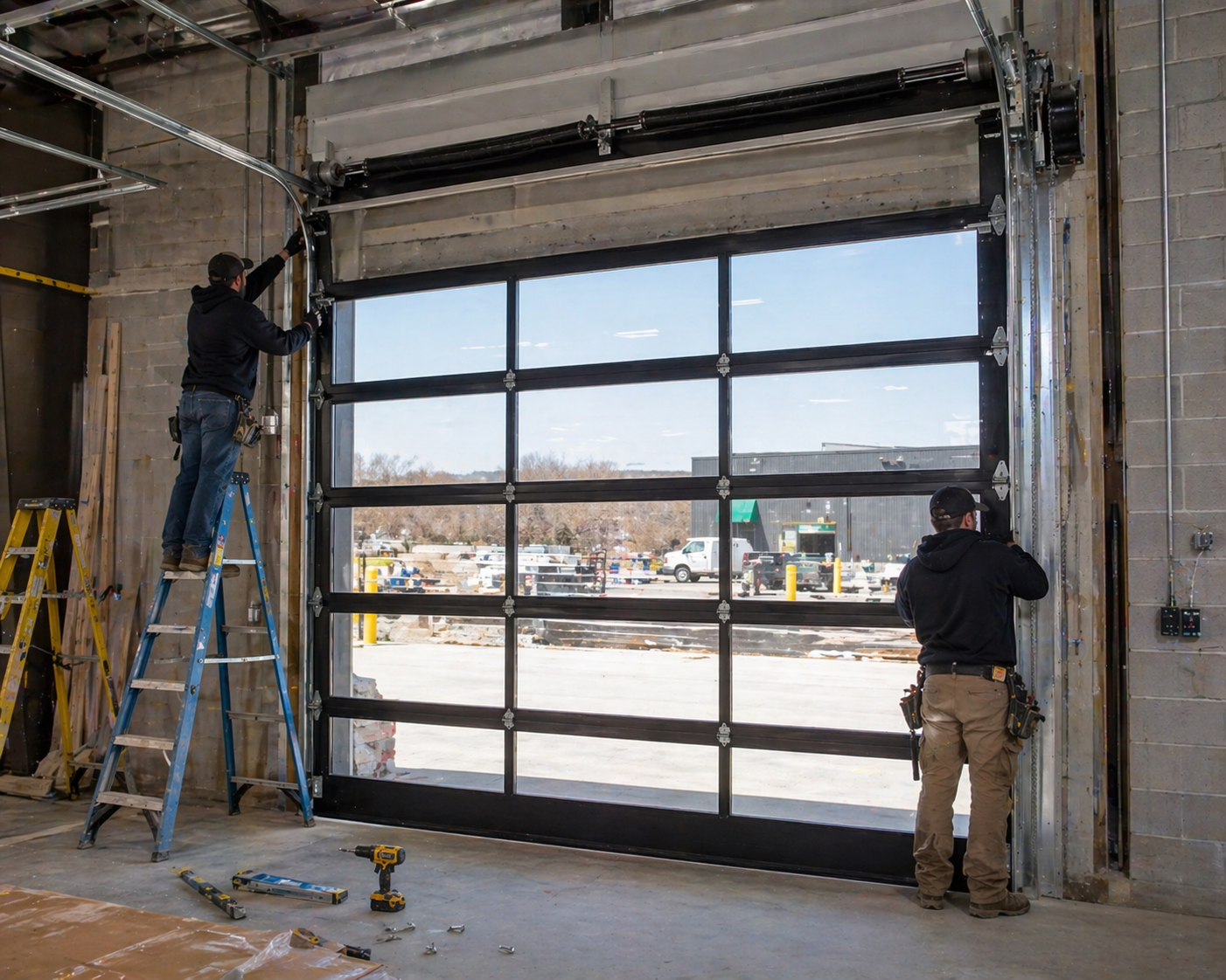 Workers installing a large glass garage door in an industrial building doorway.
