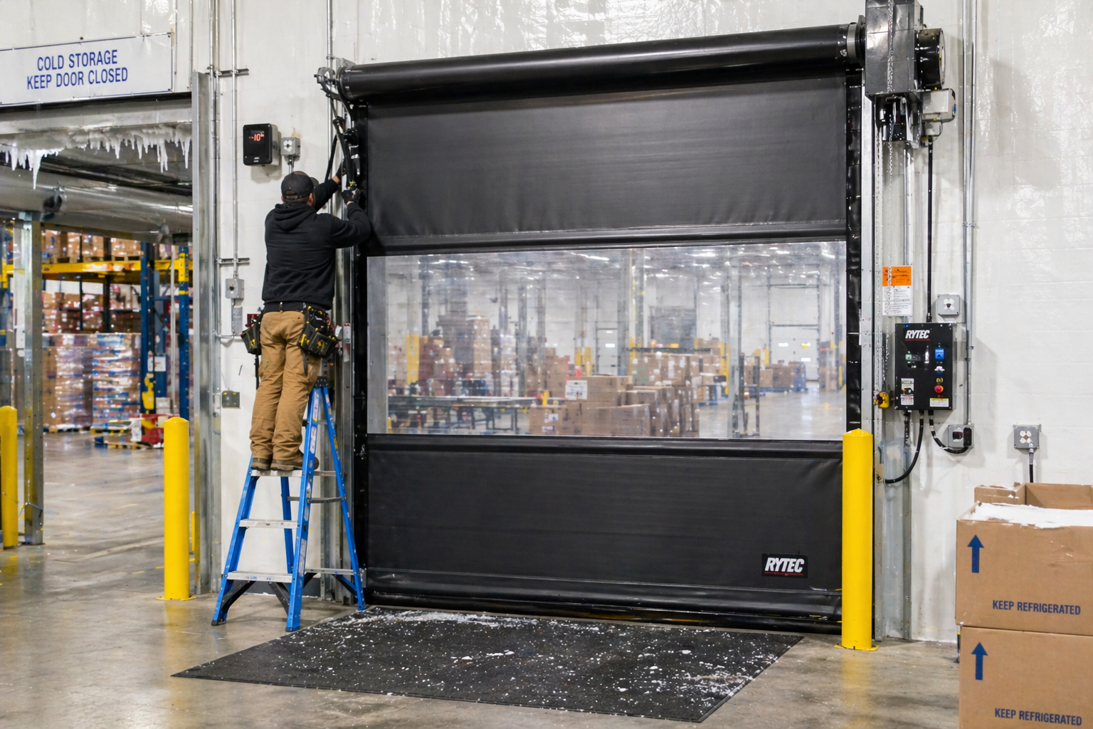 Worker installing a black industrial roll-up door inside a warehouse.