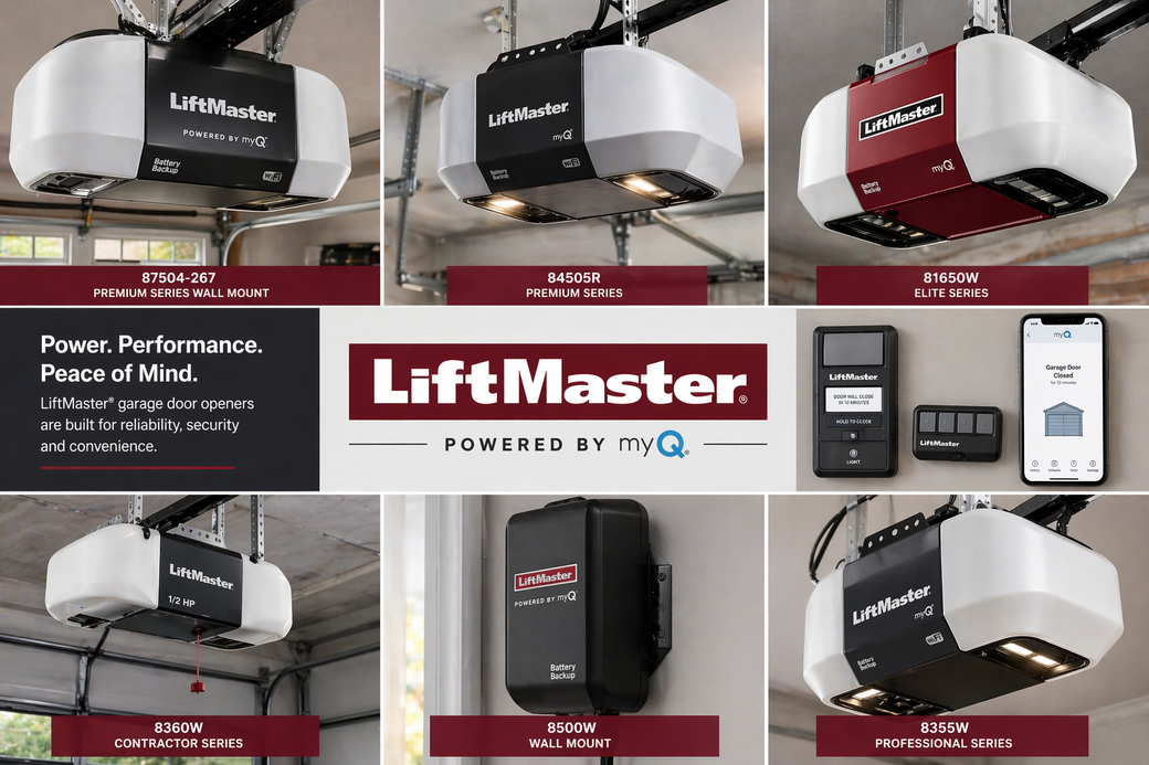 LiftMaster garage door opener ad collage with black, white, and red openers and remote controls.