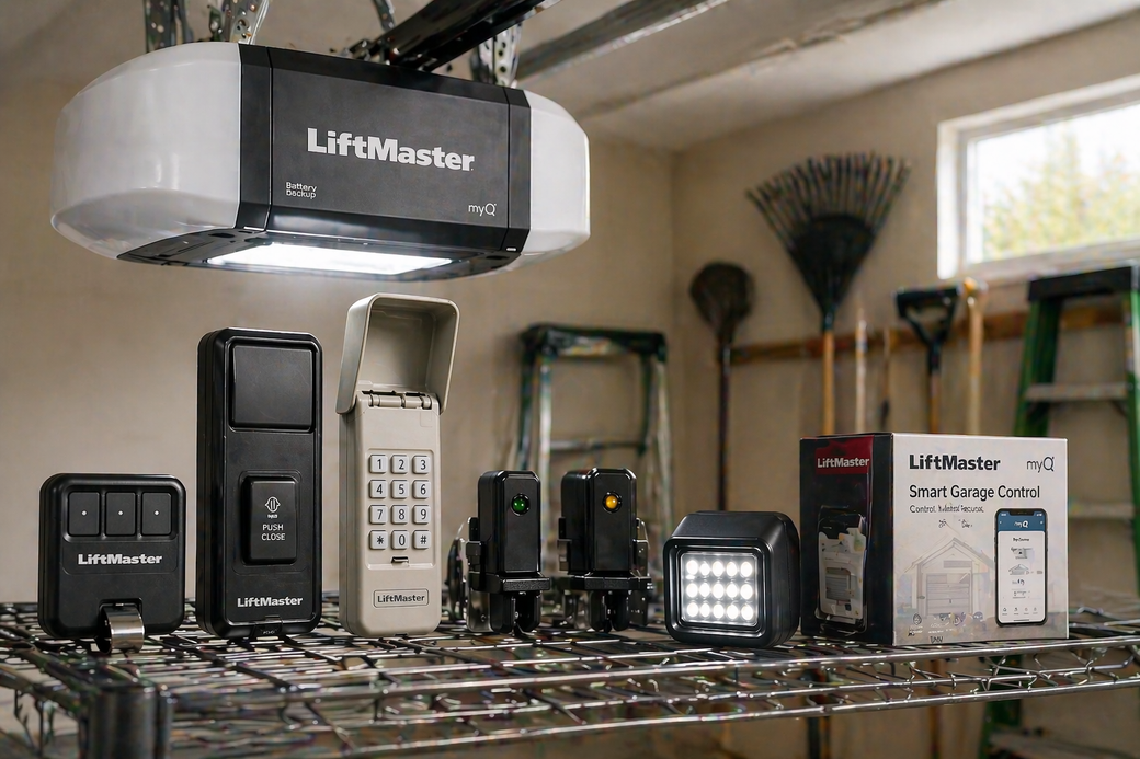 Various Lifebuster-branded electric shavers and trimmers displayed on a metal shelf in a workshop garage
