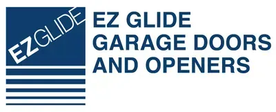 EZ GLIDE garage doors and openers logo with blue striped icon and white text on blue background