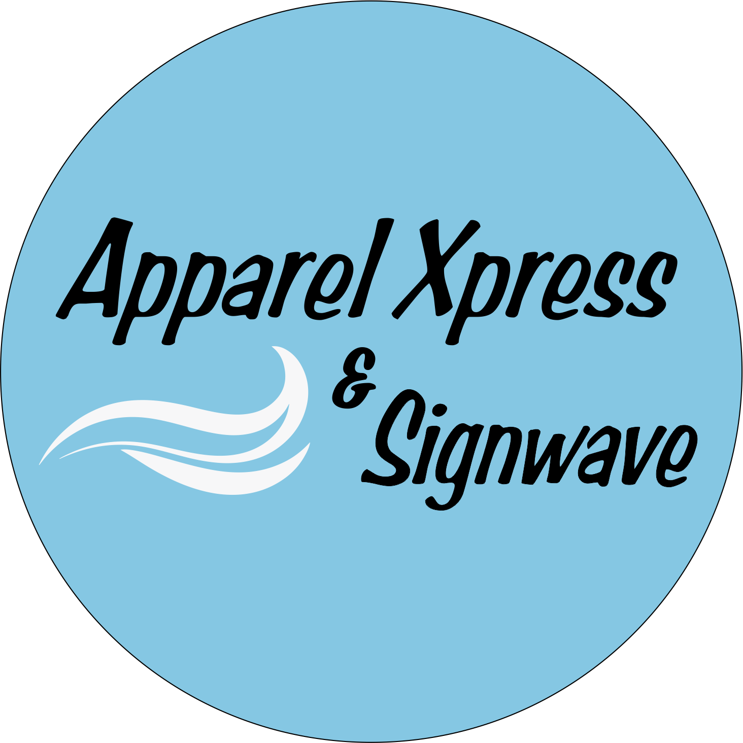 A blue circle with the words apparel xpress and signwave on it