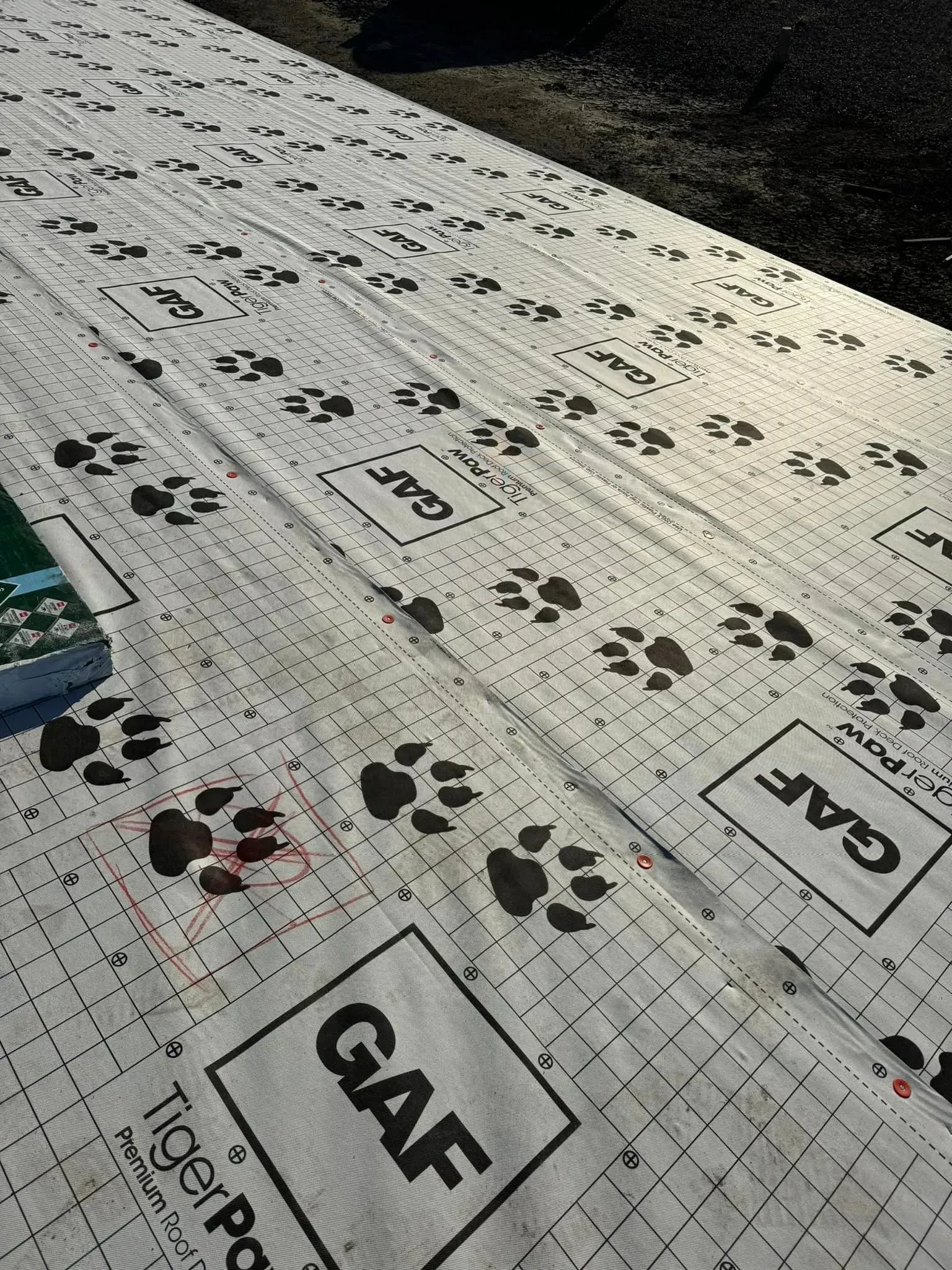 A white sheet with paw prints on it is sitting on top of a table.