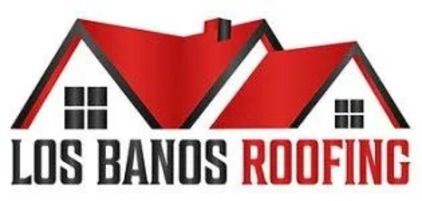 A logo for Los Banos Roofing with a red roof