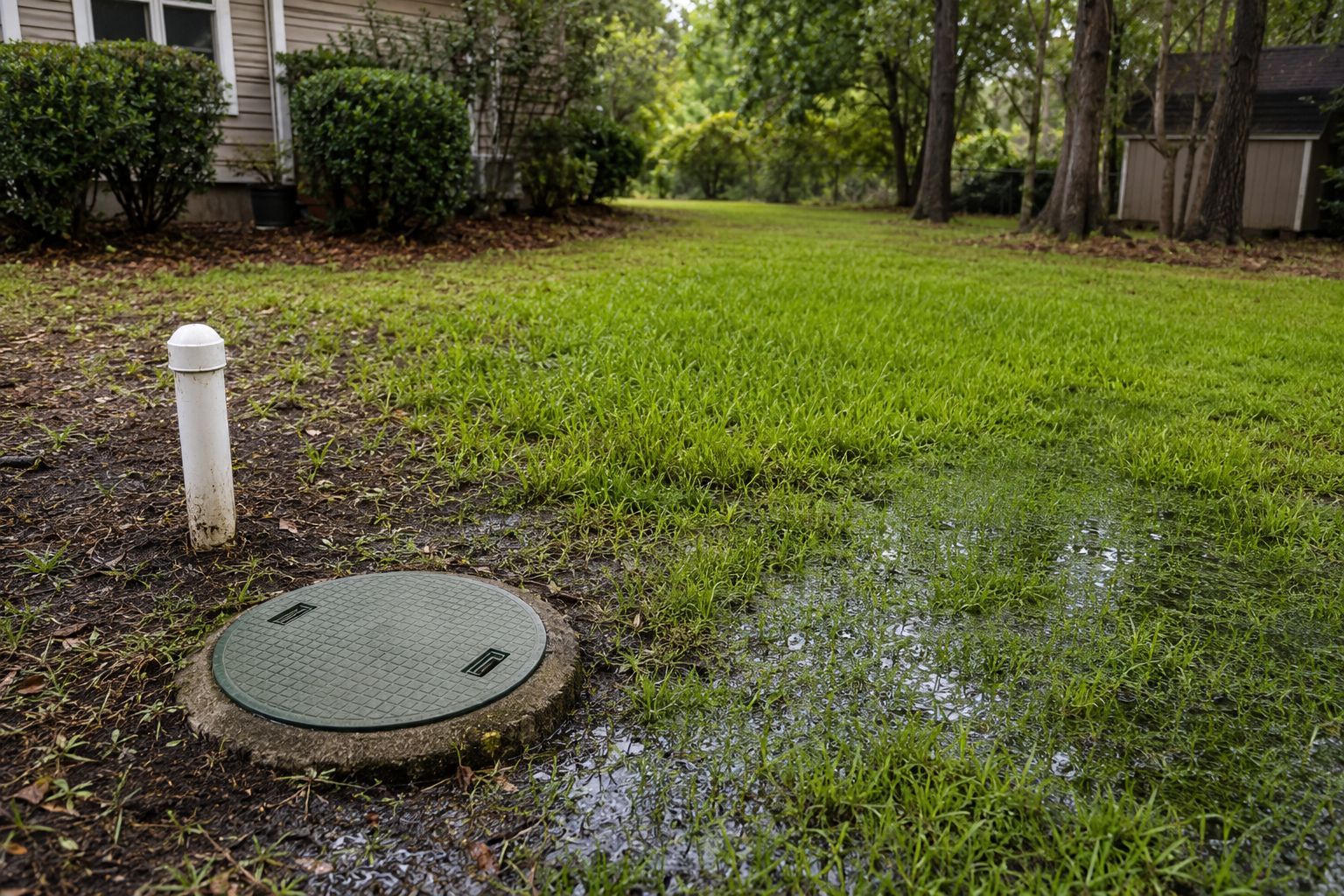Flooded grassy yard with a utility access cover and white vent pipe near a house and trees