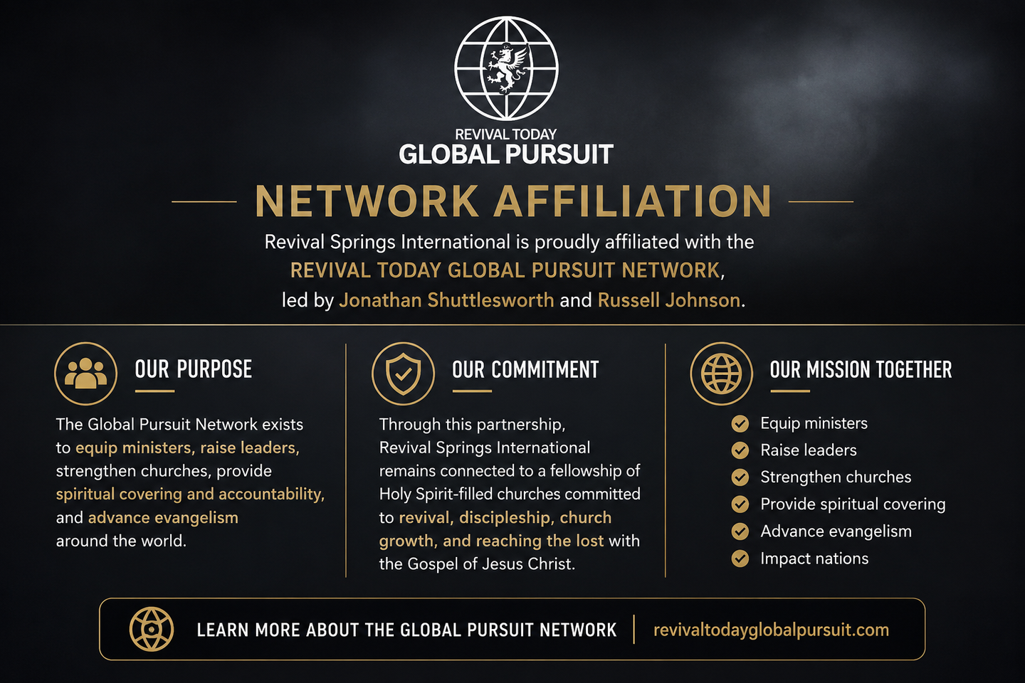 Learn about Revival Springs International, a Spirit-filled church in Colorado Springs committed to reaching the lost, restoring lives, reviving communities, and raising disciples of Jesus Christ. Affiliated with the Revival Today Global Pursuit Network.