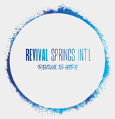 Revival Springs Int'l logo: Blue and white circle with text 