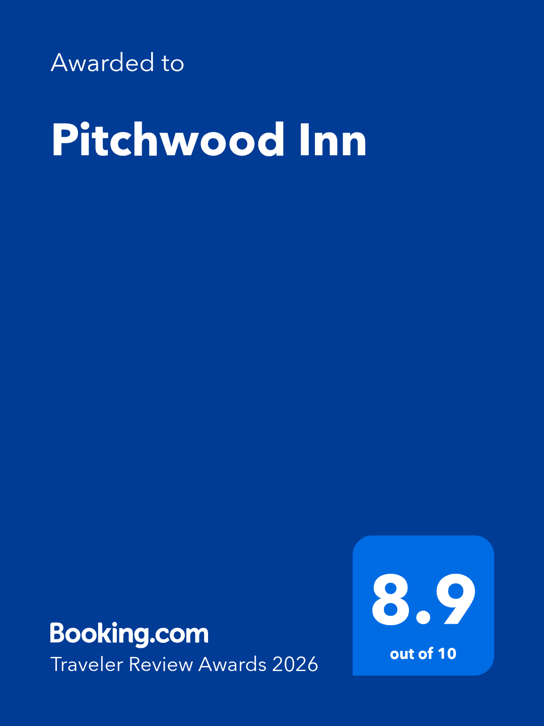 Booking.com award badge for Pitchwood Inn on blue, rated 8.9 out of 10