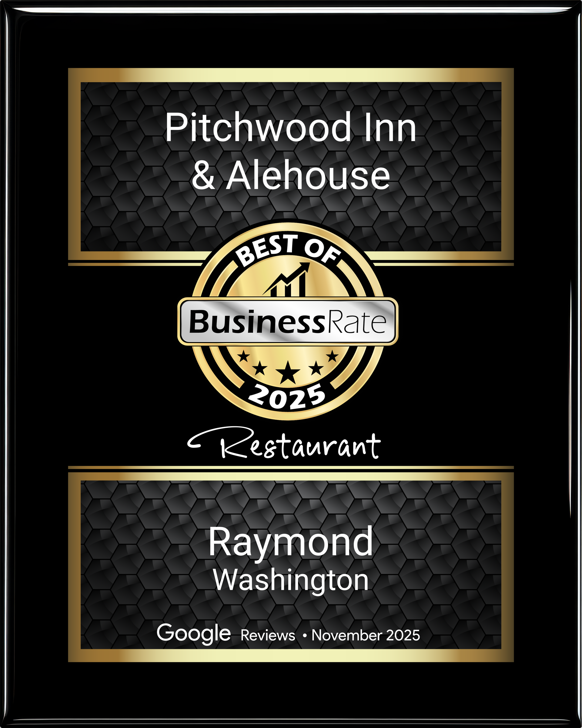 Pitchwood Inn & Alehouse award plaque, Best of Business 2025, Raymond, Washington