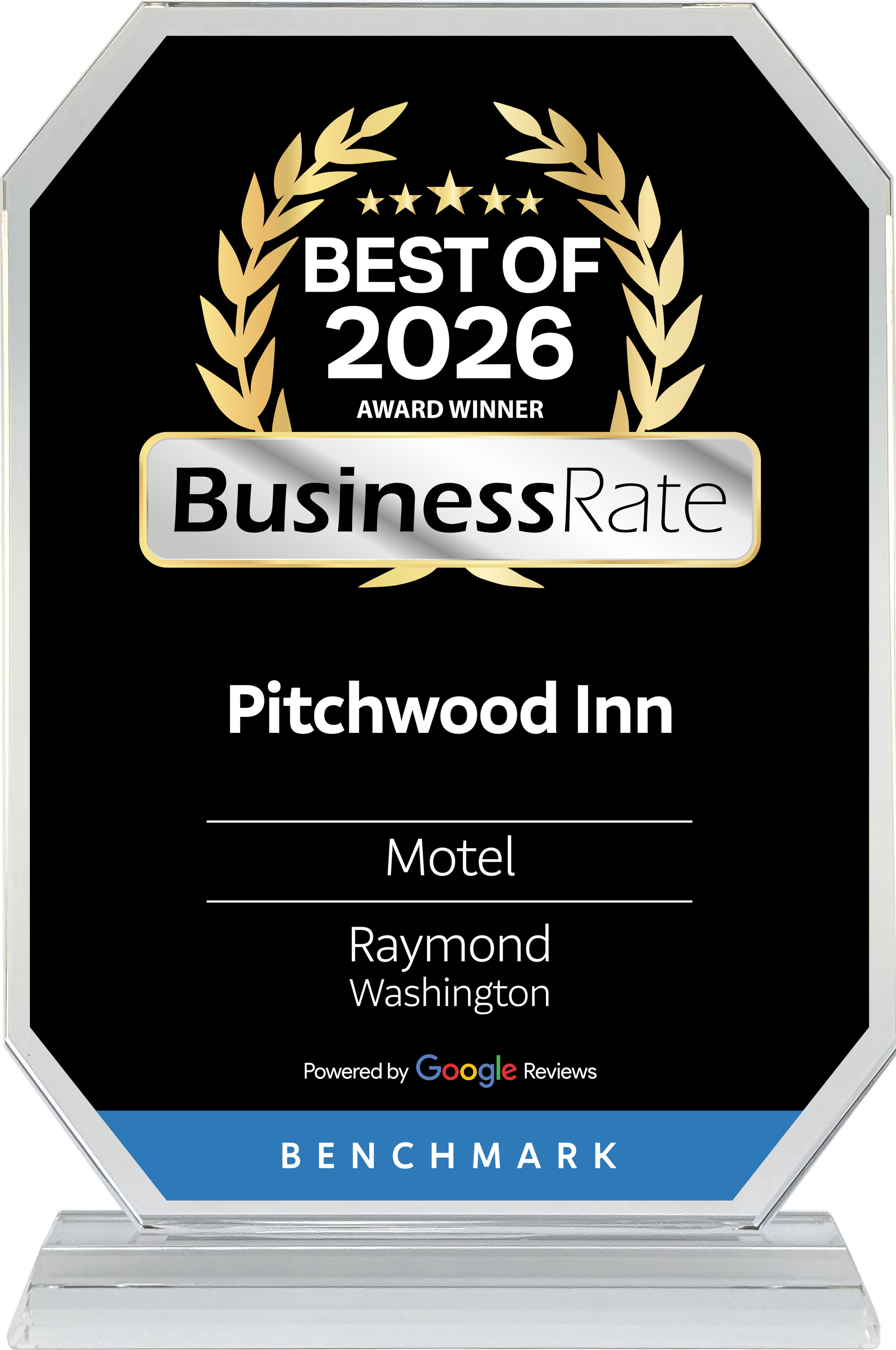 Best of 2026 BusinessRate award plaque for Pitchwood Inn hotel in Raymond, Washington.