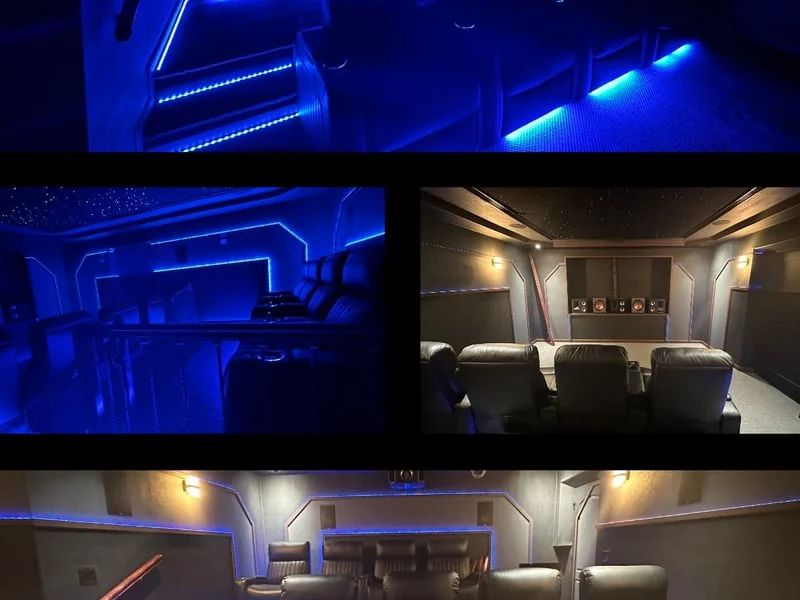 Collage of blue-lit and warm-lit lounge interiors with seats, counters, and ambient lighting