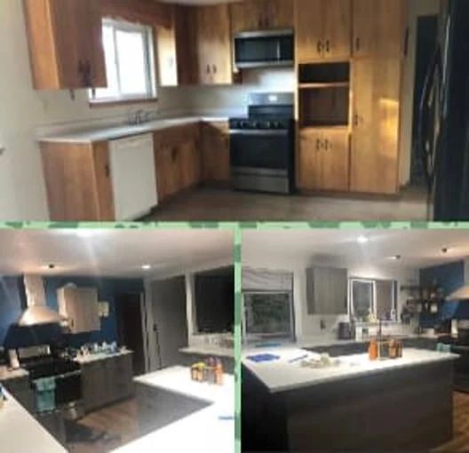 Collage of three modern kitchens with wood cabinets, black appliances, and white countertops