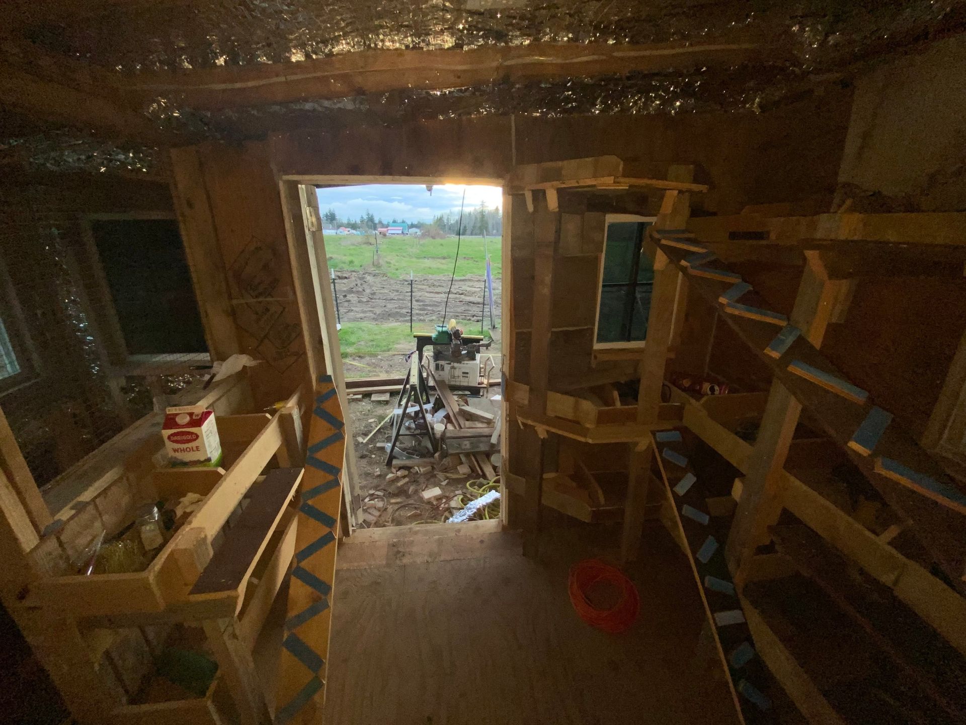 Interior of a wooden shed with shelves and tools, looking out through an open doorway to a grassy field.