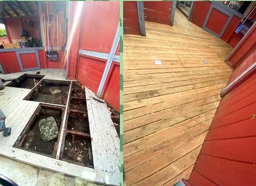 Red room with a floor cutout exposing beams and debris, beside a finished wooden deck area.