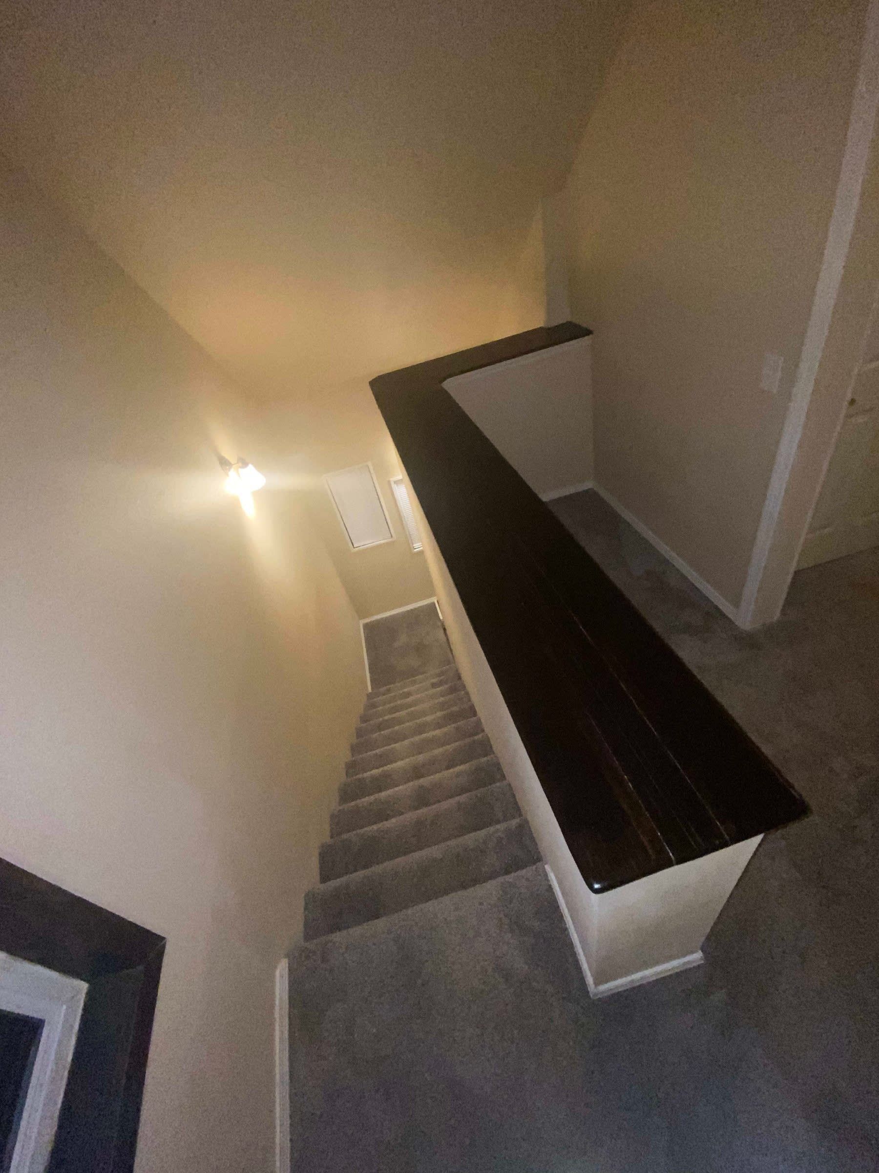 Narrow carpeted staircase with white walls and dark wooden railing, viewed from the top landing.