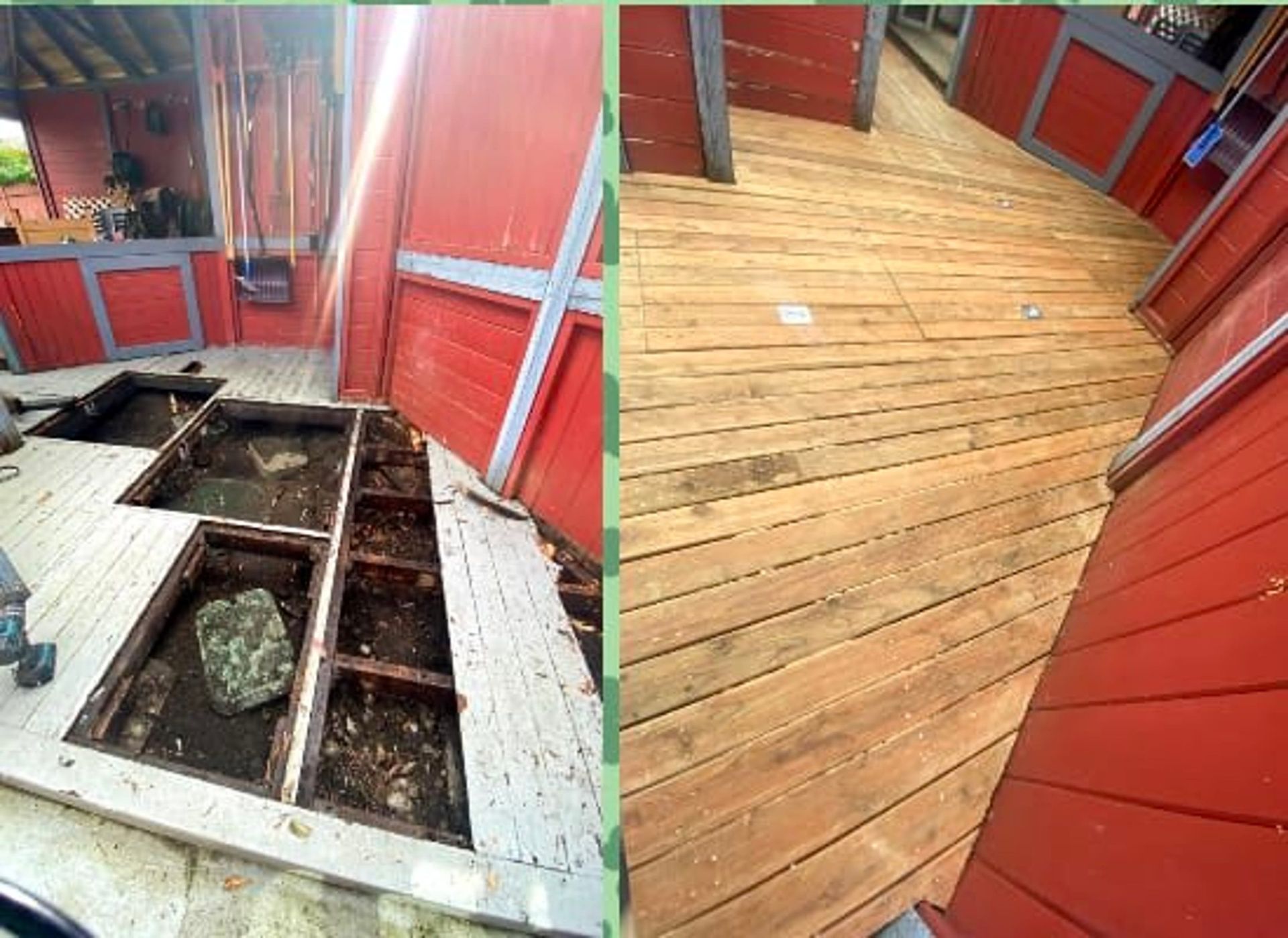 Side-by-side view of a red room with damaged floorboards and the repaired wooden floor.