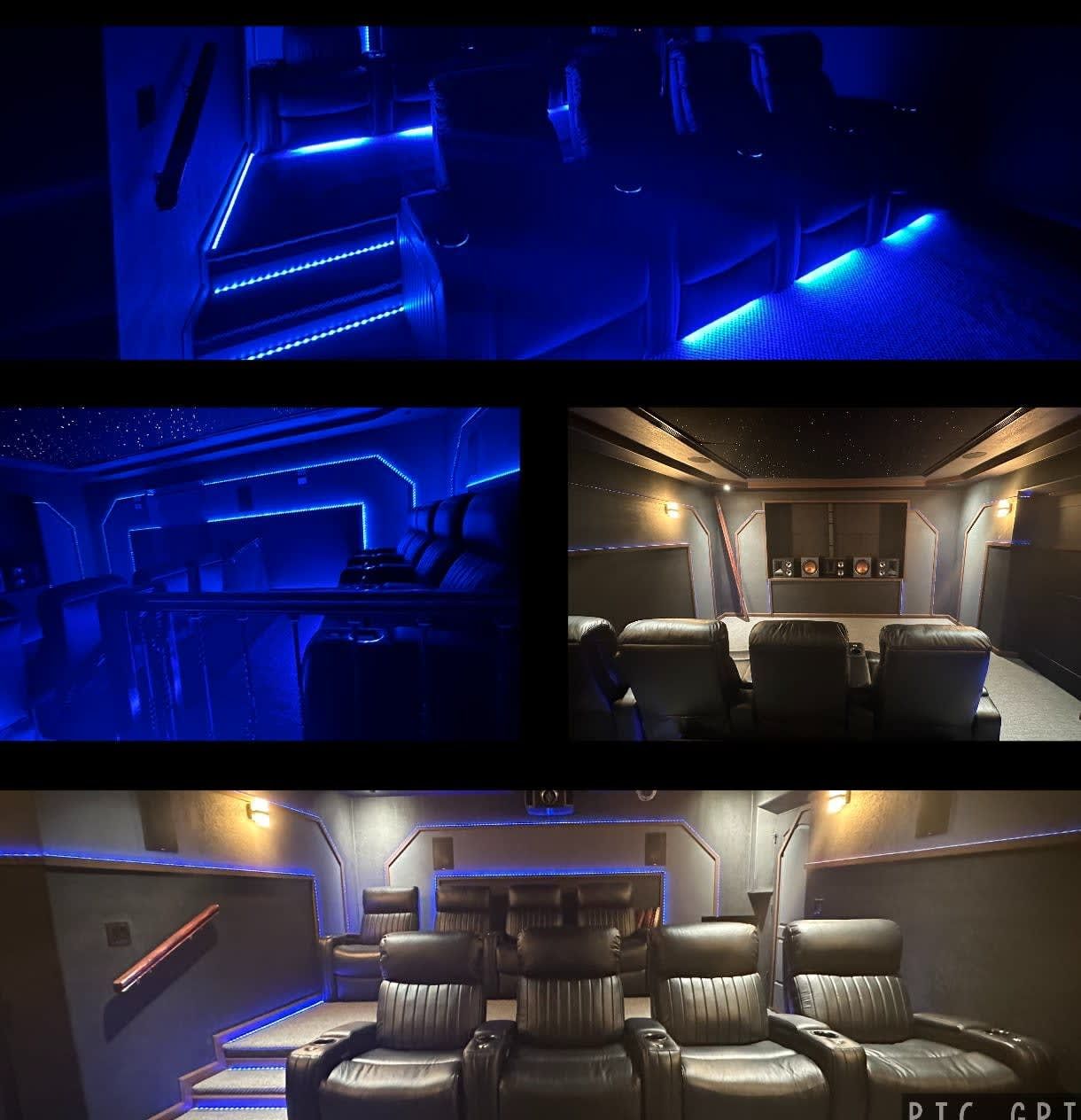 Collage of a custom van interior with blue LED lighting and a lounge seating area with reclining seats.