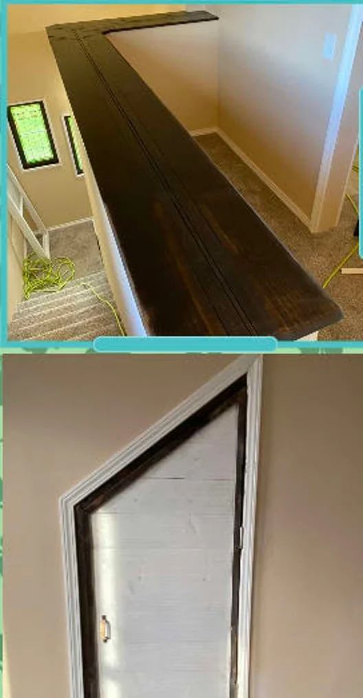 Stair landing with a dark wood ramp and a white interior doorframe detail