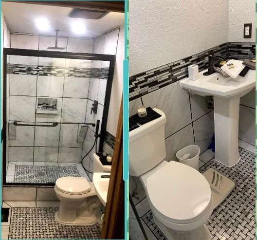 Small bathroom with toilet, glass shower, and pedestal sink with black-and-white tile accents.