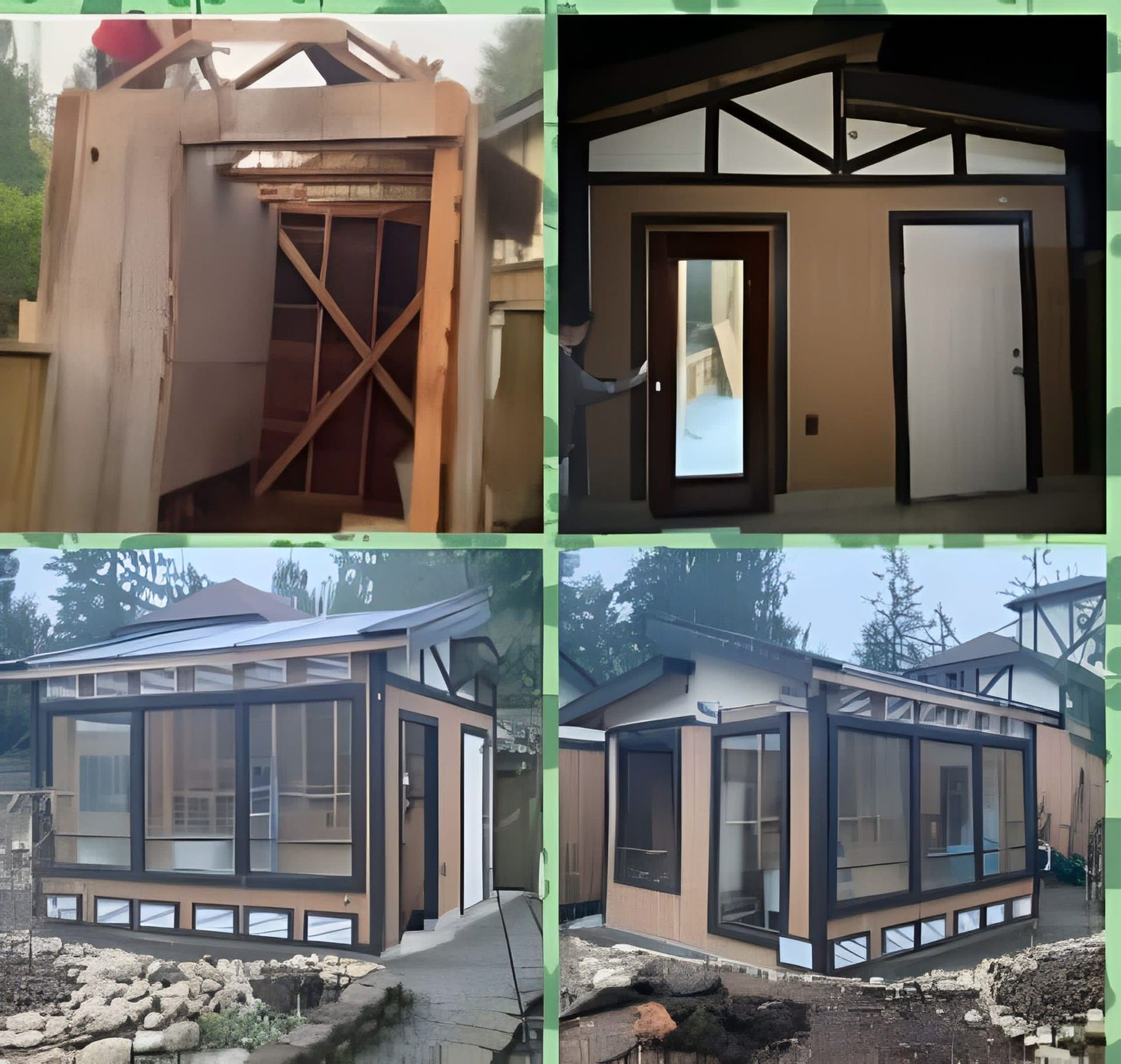 Small prefabricated cabin with windows, doors, and black trim shown from multiple angles in a wooded setting
