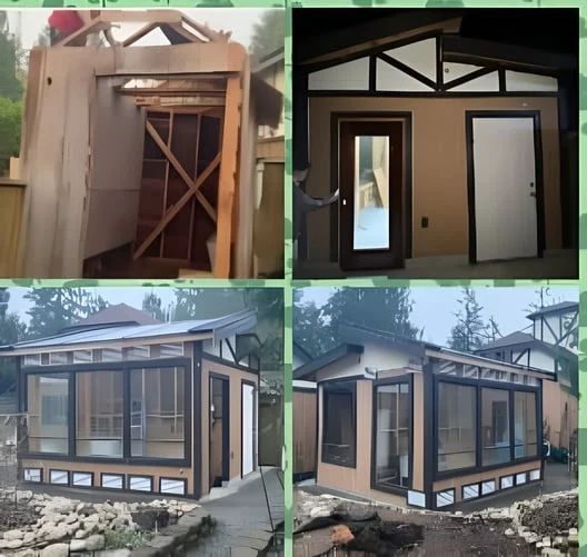 Four views of a small modern prefab cabin with tan walls, black trim, and large windows during construction
