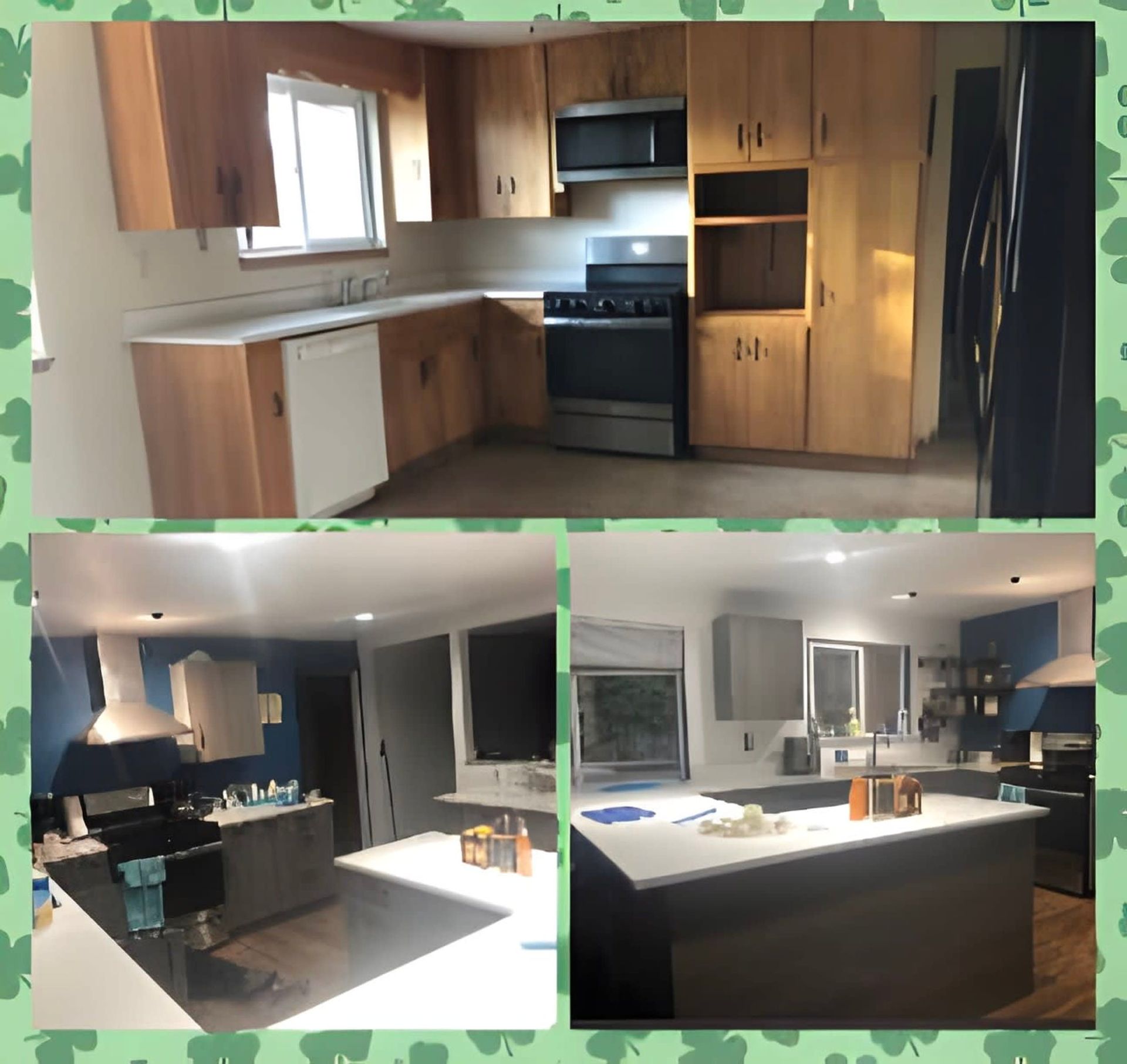 Collage of a modern kitchen with wood and black cabinets, stainless appliances, and a white island countertop