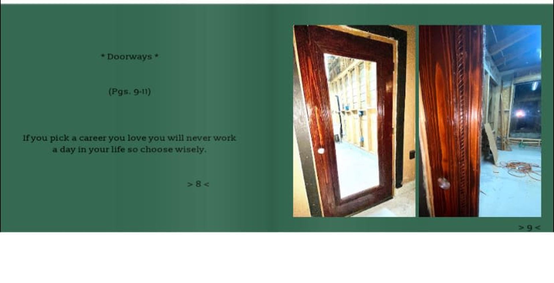 Wooden door with mirror in green room, showing hallway reflection and damaged frame.
