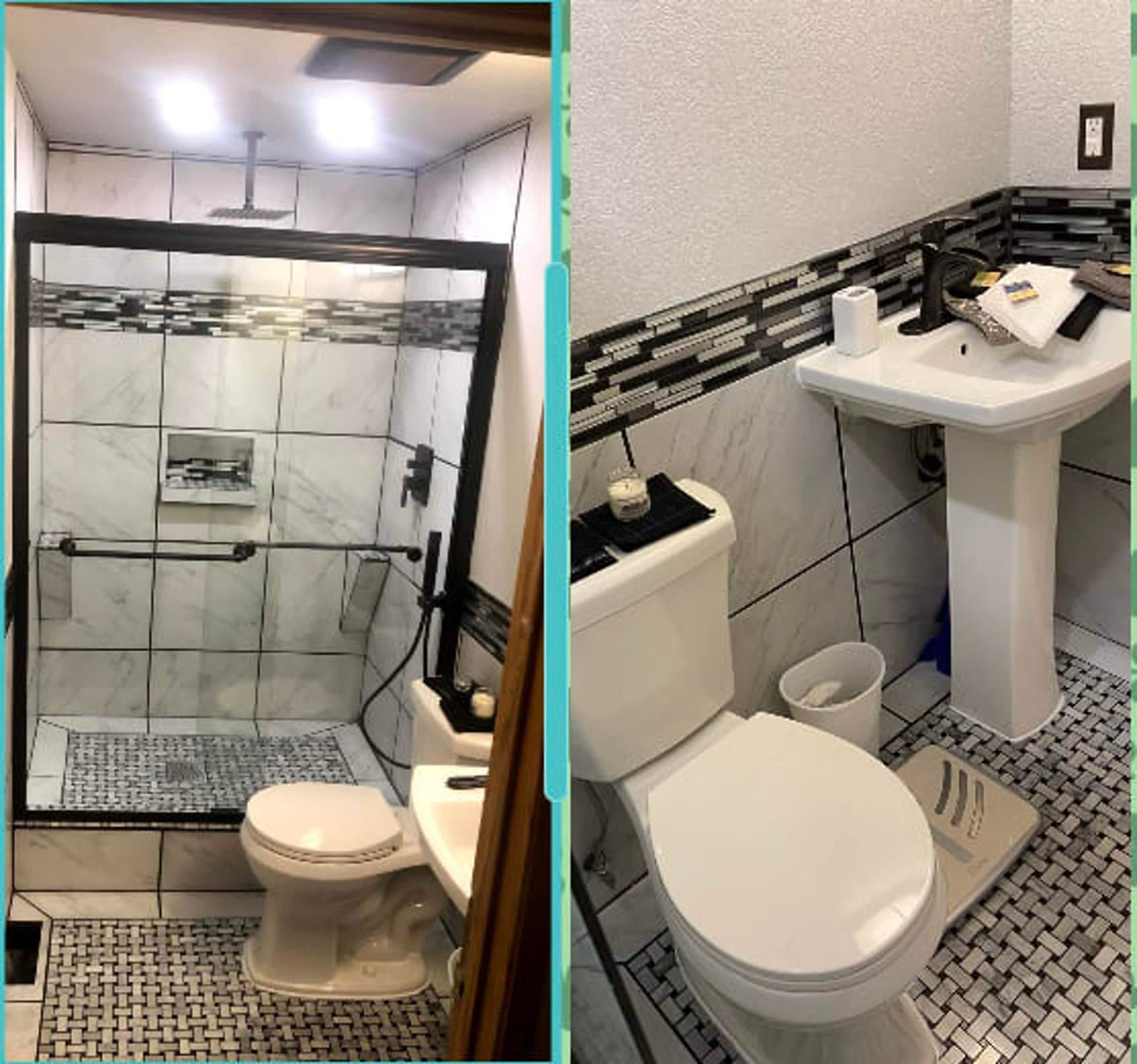 Accessible bathroom with glass shower, toilet, and white sink on black-and-white tiled floor