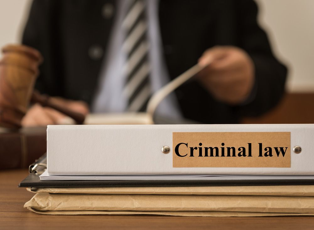 A Man Is Sitting at A Desk with A Binder Labeled Criminal Law — Linda Emery & Associates In Gosford, NSW