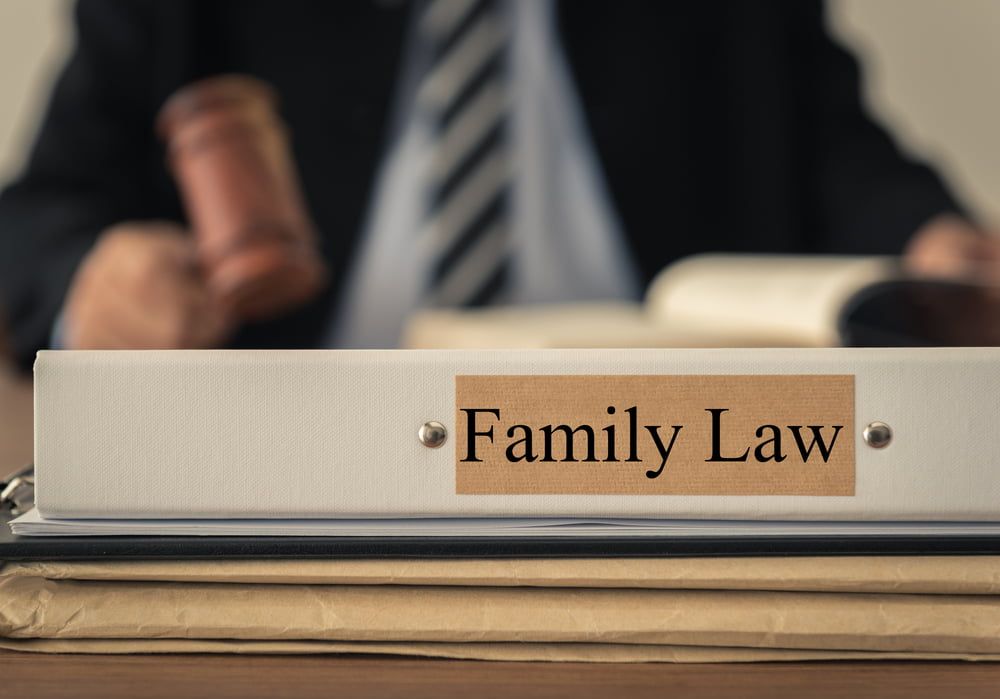 A Man in A Suit and Tie Is Sitting at A Table with A Binder Labeled Family Law — Linda Emery & Associates In Gosford, NSW