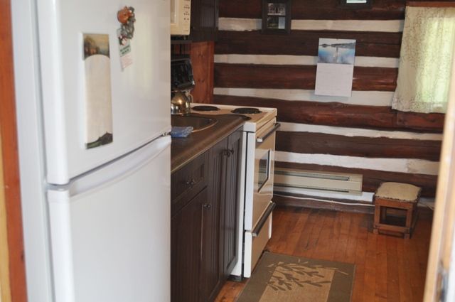 A kitchen in a log cabin with a refrigerator and stove