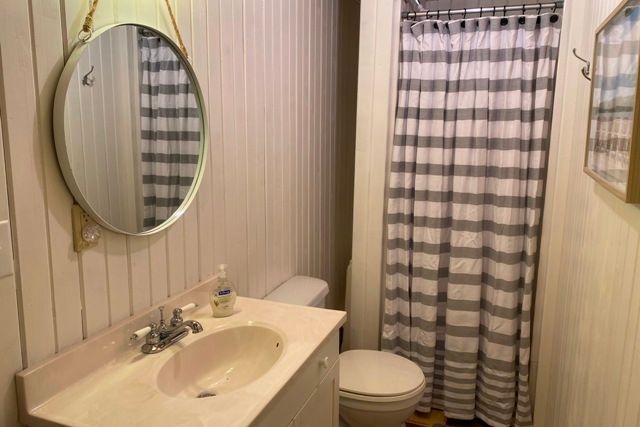 A bathroom with a toilet , sink , mirror and shower curtain.
