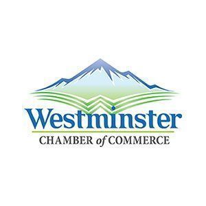 Westminster Chamber of Commerce logo with blue mountain graphic and green underline