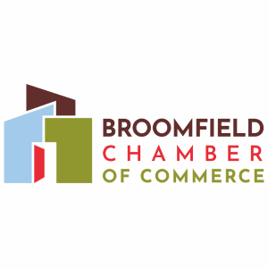 Broomfield Chamber of Commerce logo with multicolor building icon and brown, red, olive text on white background