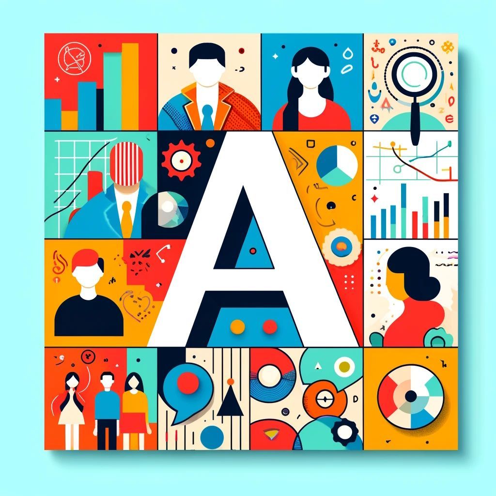 Colorful analytics collage with charts and a large white letter A in the center
