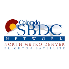 Colorado SBDC Network logo with North Metro Denver Brighton Satellite text in blue, maroon, and gold