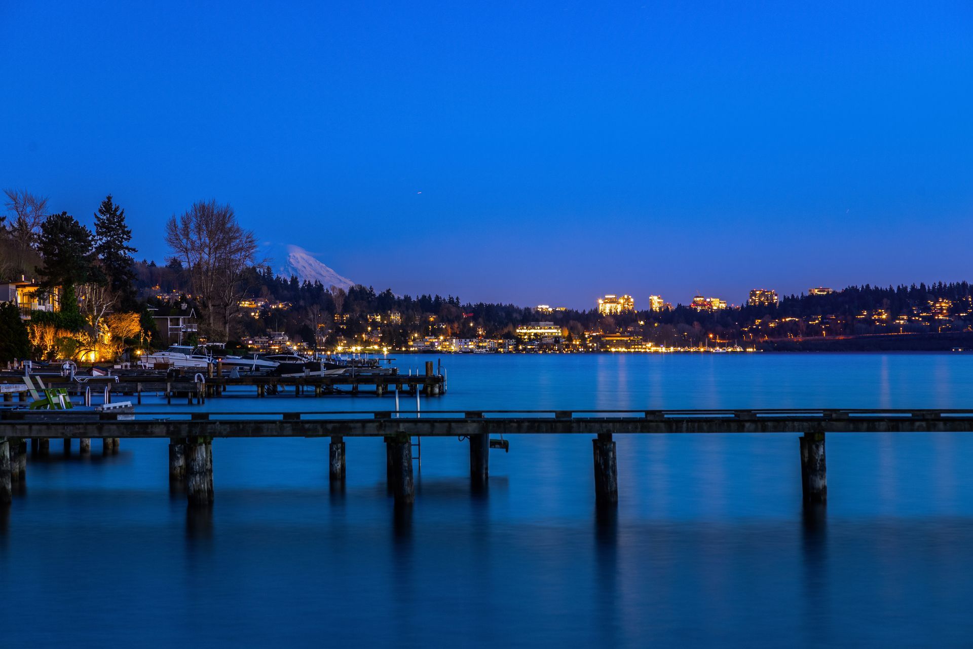 A dock overlooking a body of water at night
