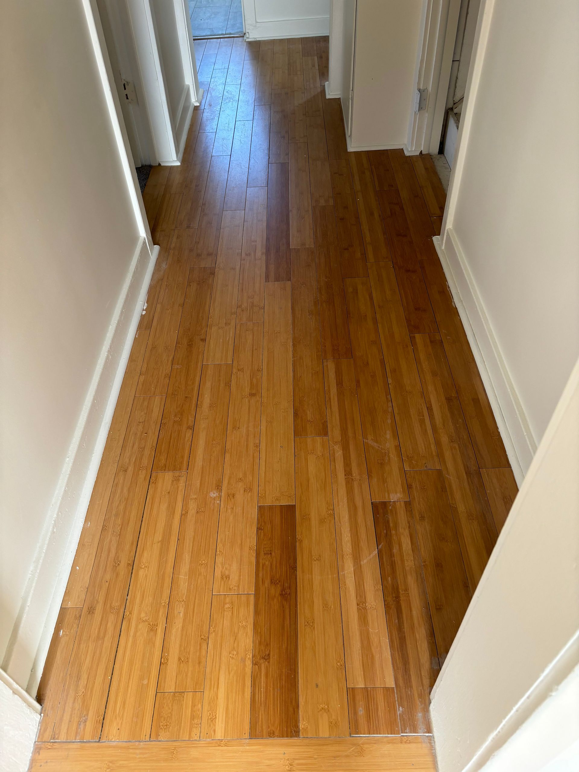 A hallway with hardwood floors and white walls
