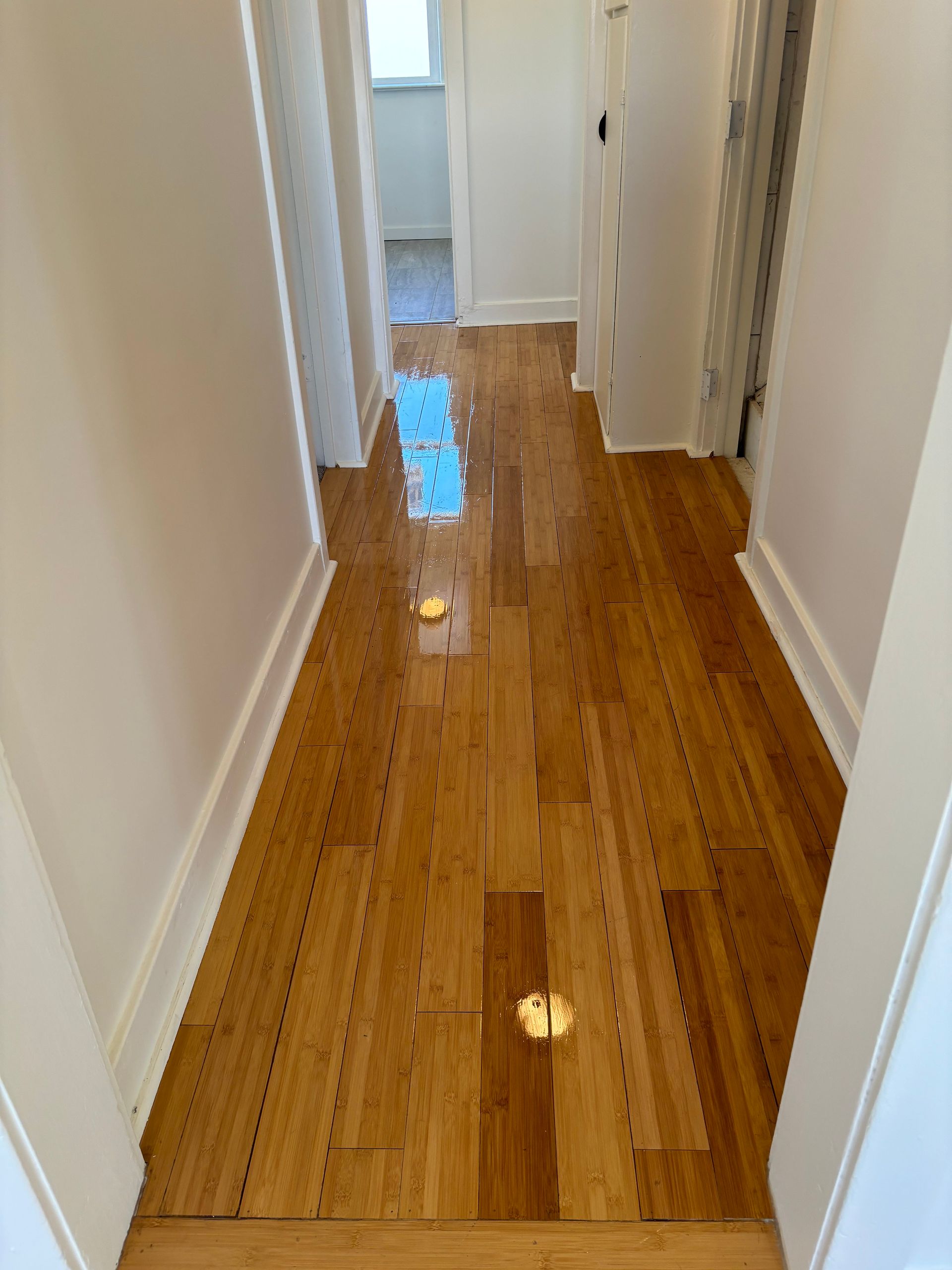 A hallway with hardwood floors and white walls