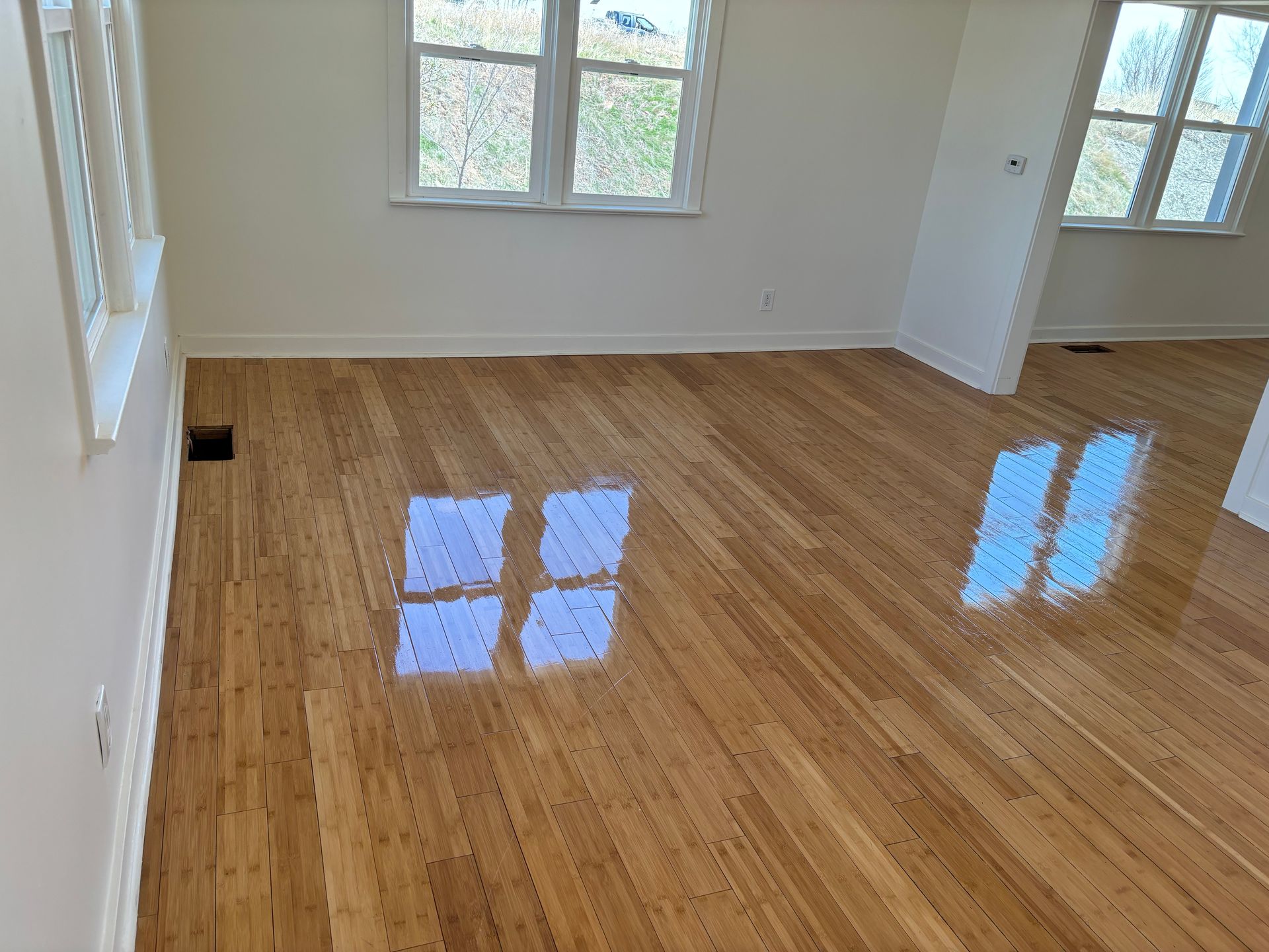 A living room with hardwood floors and white walls.