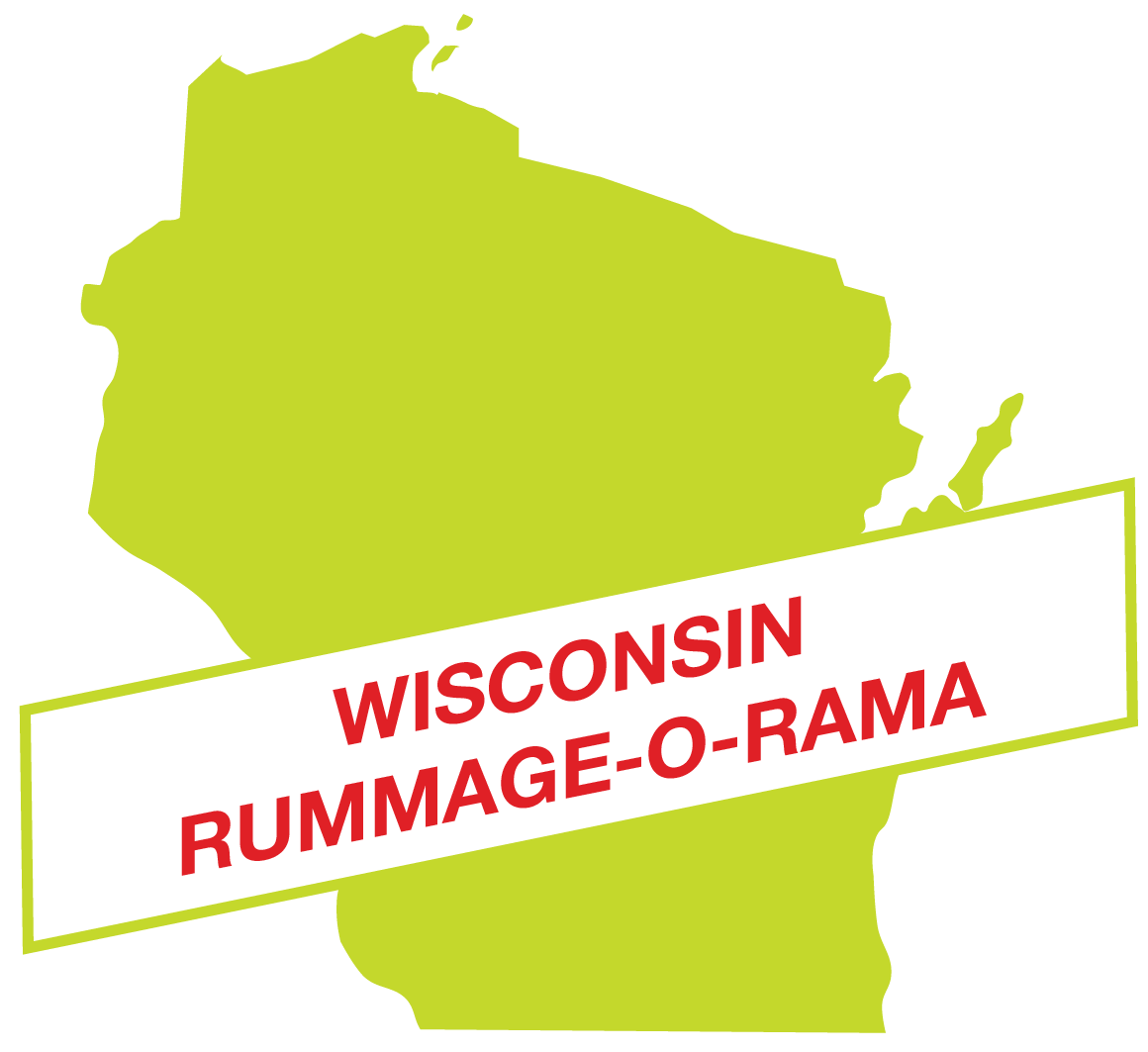 Green Wisconsin silhouette with red &ldquo;Wisconsin Rummage-O-Rama&rdquo; text across it