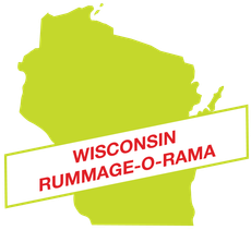 Green Wisconsin silhouette with red &ldquo;Wisconsin Rummage-O-Rama&rdquo; text across it