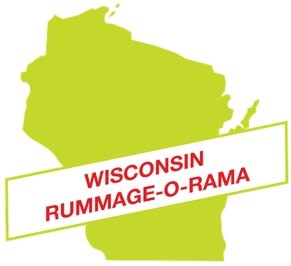 Green Wisconsin silhouette with red &ldquo;Wisconsin Rummage-O-Rama&rdquo; text across it