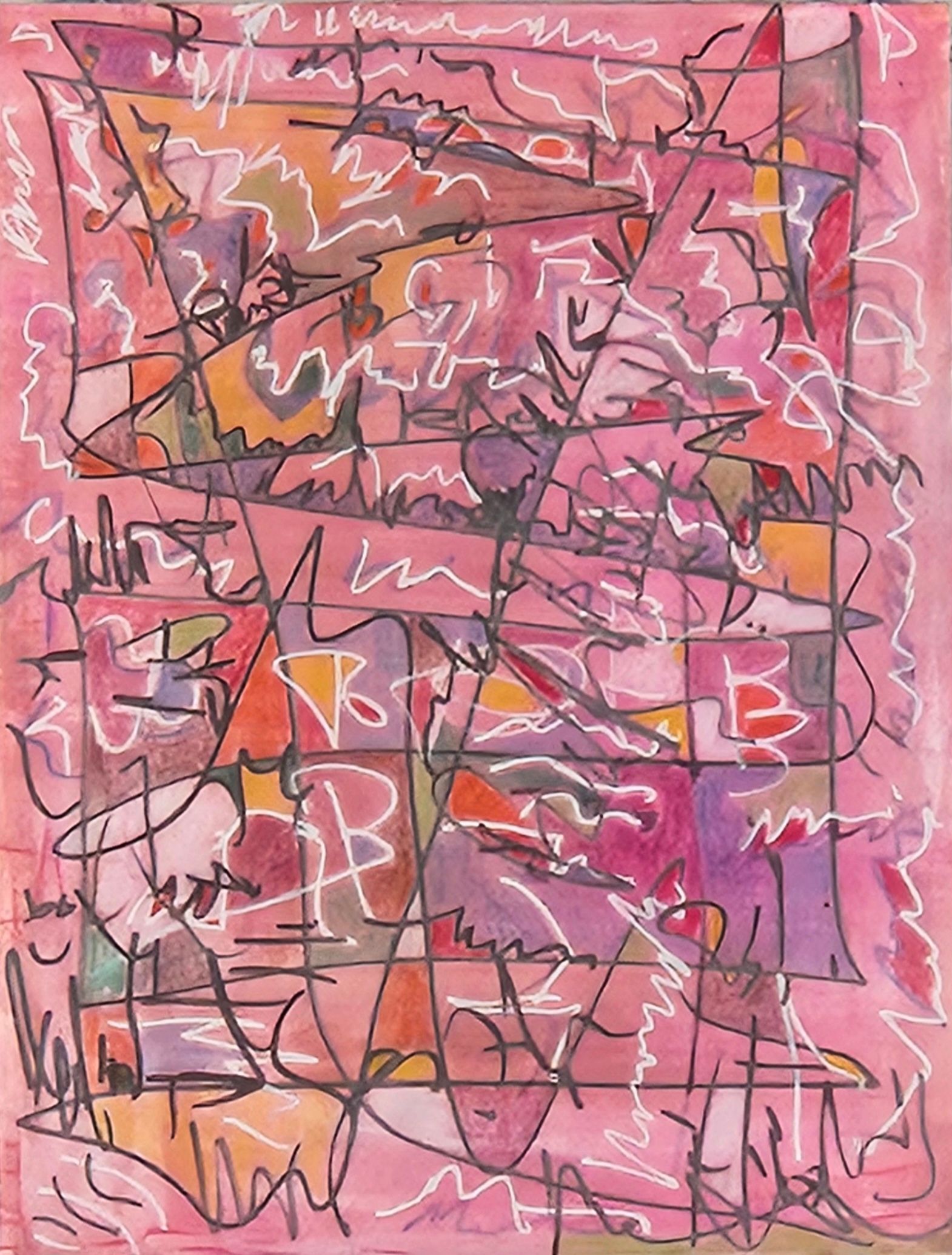 Abstrakte Kunst mit rosa, violetten und orangen Blöcken und Kritzeleien.