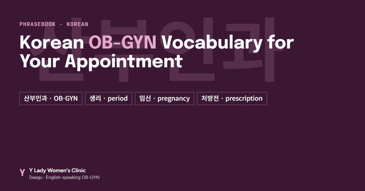 Korean OB-GYN vocabulary cover with the word 산부인과 and key phrases for foreign patients in Daegu