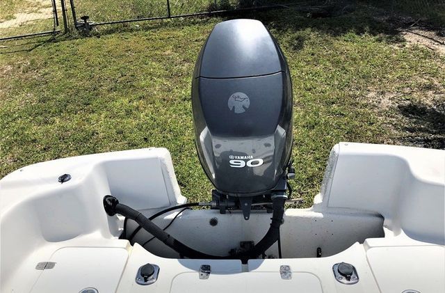 Outboard motor mounted on a small white boat, viewed from the stern near grassy shore.