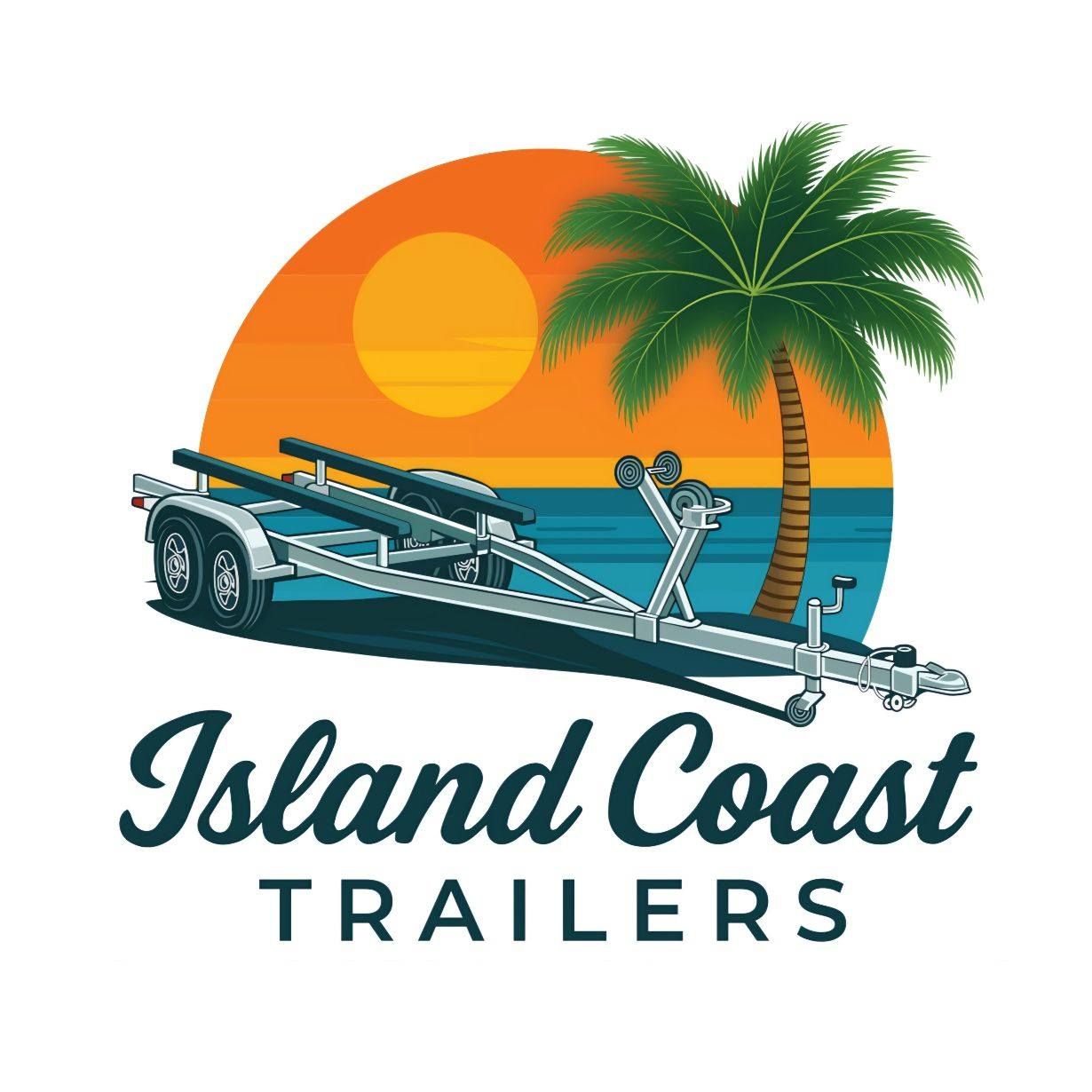 Island Coast Trailers logo with boat trailer, sunset, palm tree, and ocean scene