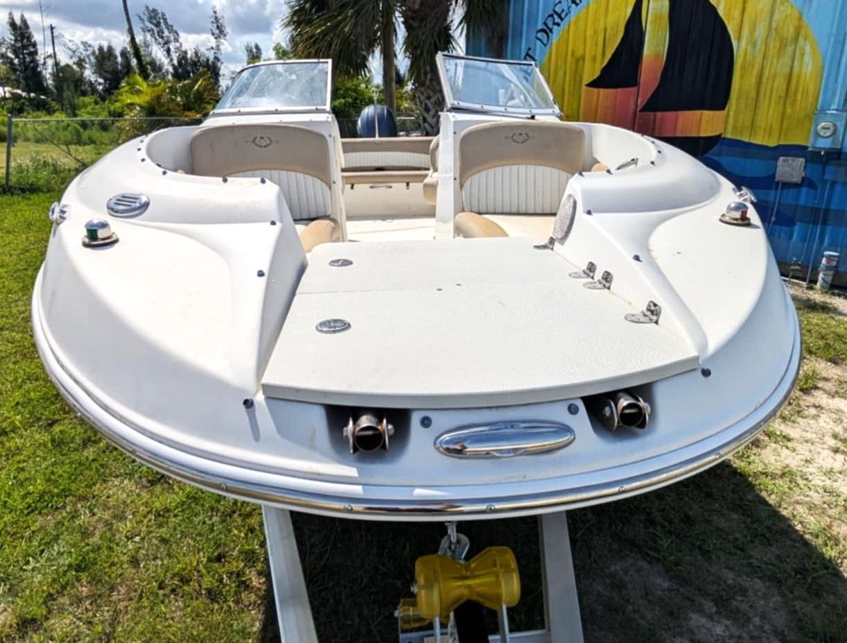 White pontoon boat on a trailer in a grassy yard, with tan seats and a blue-and-yellow mural in back